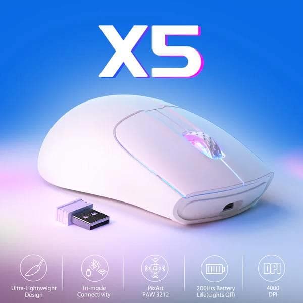 Attack Shark X5 Wireless Gaming Mouse with Tri-Modes BT 5.1/2.4Ghz/USB-C, Lightweight 49g, PAW3212 Optical Sensor, Rechargeable Battery, RGB LED Honeycomb Mice for PC/Tablet/Desktop/Office/Games - White 2